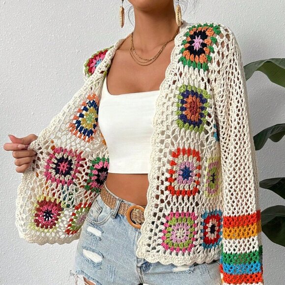 Multicolor Casual Womens Braided Hollow Out Holiday Long Sleeve Open Cardigan - Picture 4 of 6